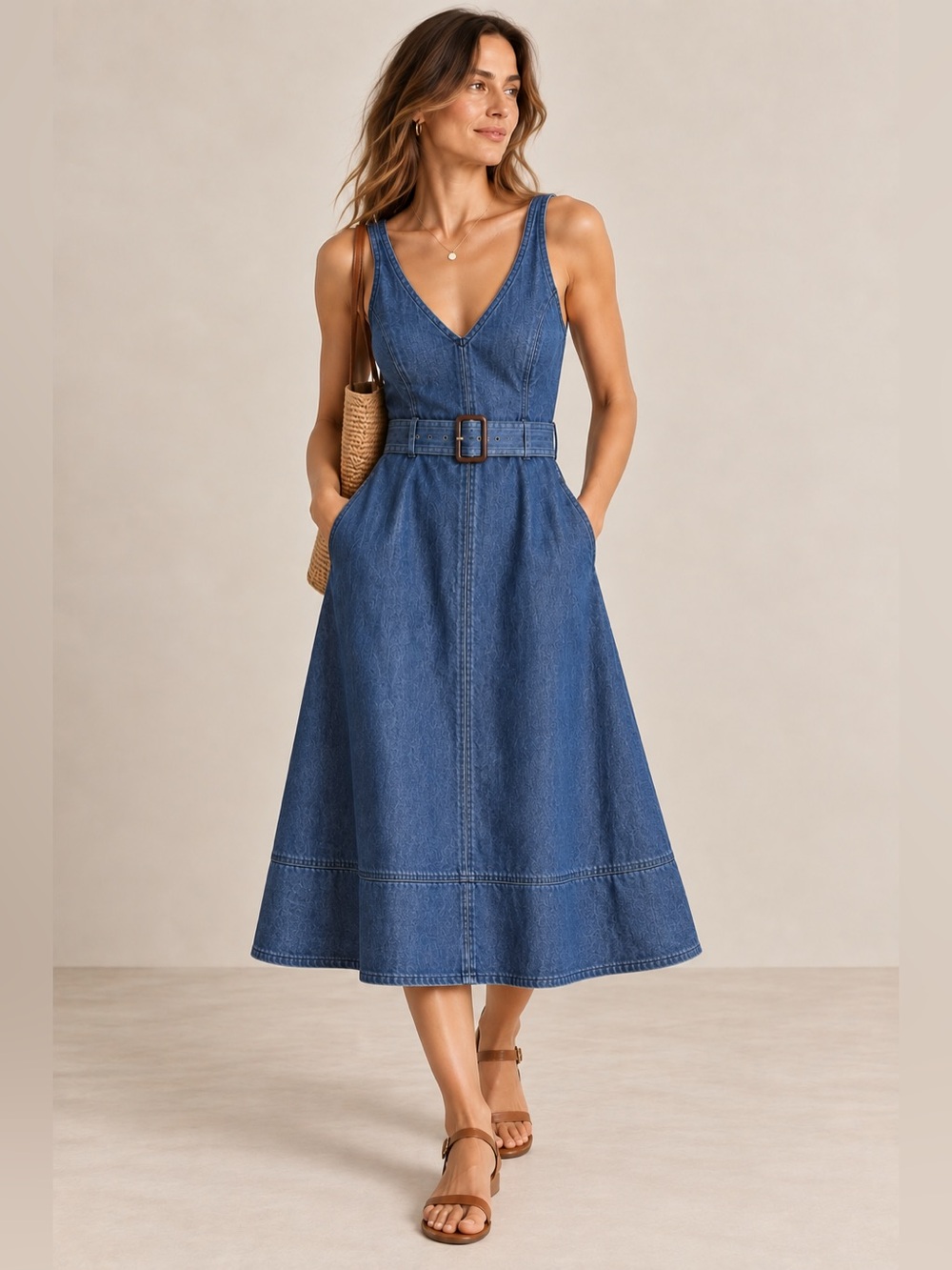 Banana Republic Denim Belted A-Line Midi Dress Size 2